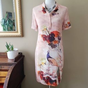 Dangemarni Paris Pink Silk Peacock Short Sleeve Shirt Dress Size Medium